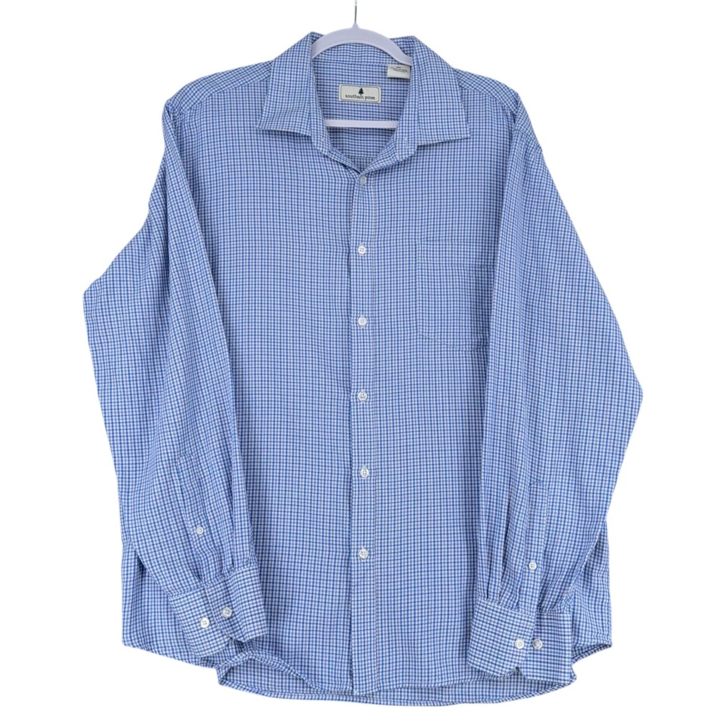 Southern Pines Men's Blue Gingham Long Sleeve Button Down Shirt XXL Cotton‎
